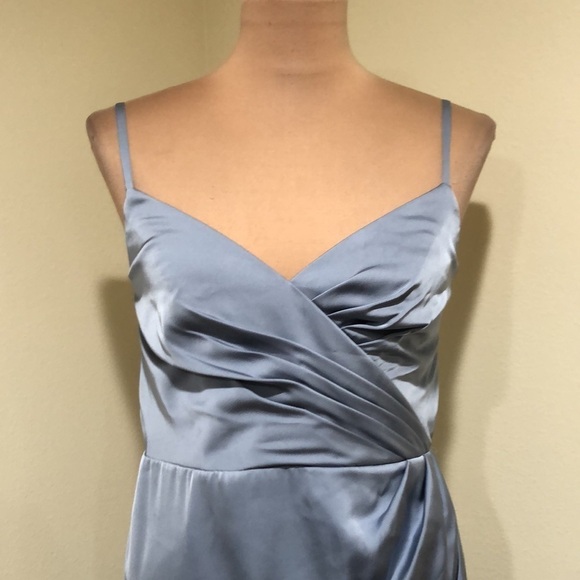 Azazie Maxi Dress Size 6 Blue Ruched Satin Gown - Picture 3 of 11
